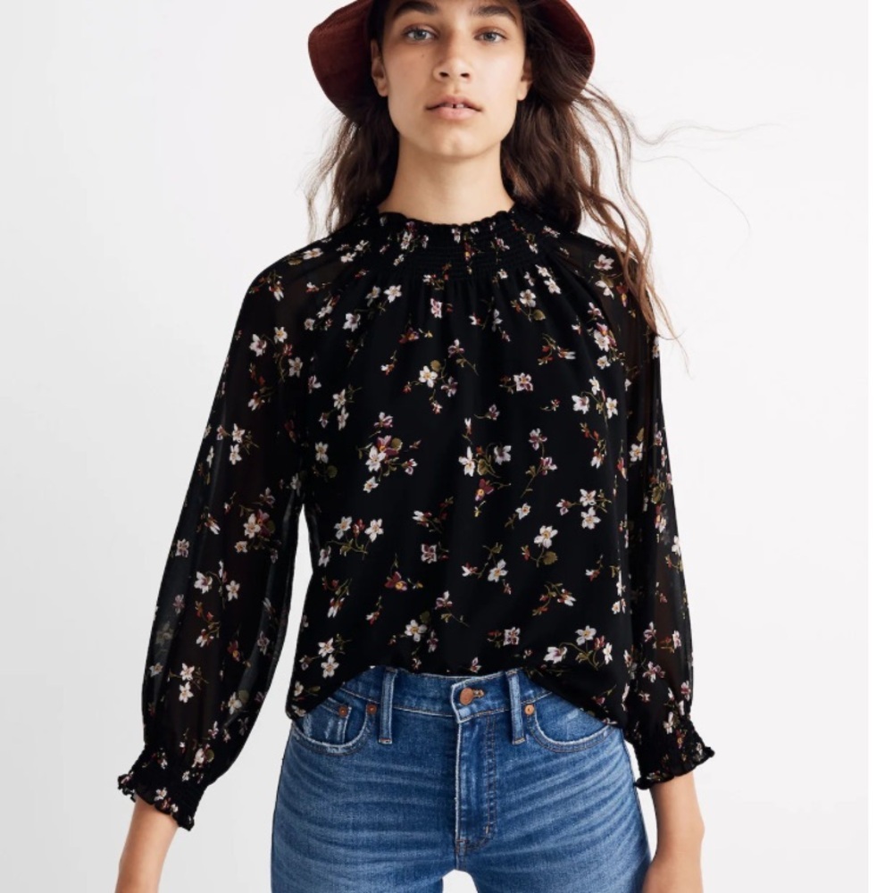 Madewell Black Floral Smocked Mockneck Blouse